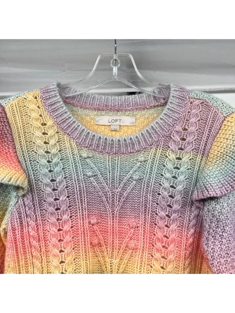 Loft Womens Rainbow Knit Sweater Long Sleeve Ruffle Shoulder Size Small